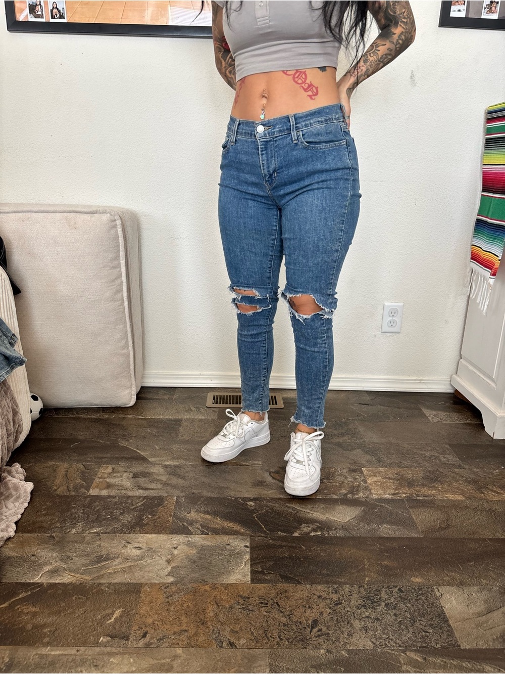 Ripped High-Rise Skinny Jeans in Blue - Women's